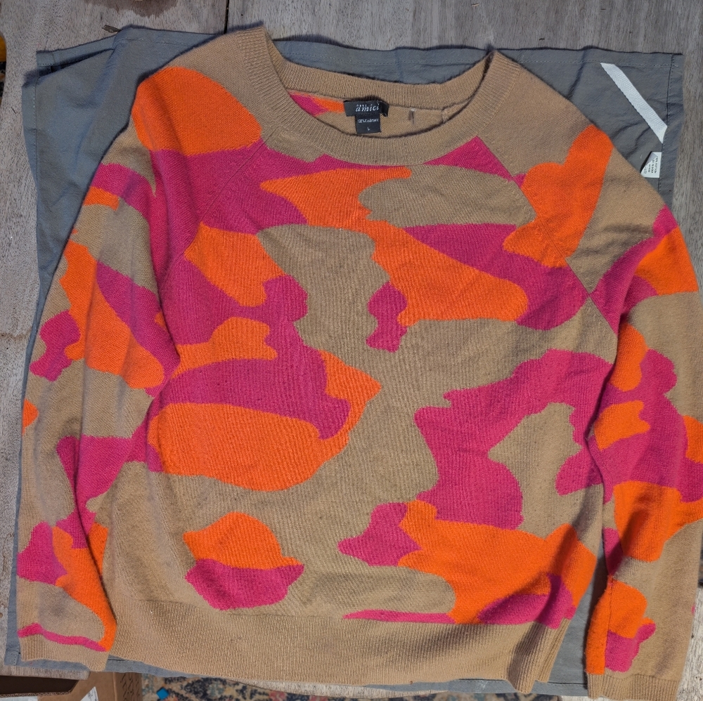 Pure Amici Womens 100% Cashmere Sweater in Pink, Orange, and Khaki Sz L